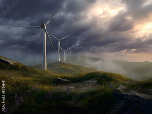 Wind turbines in a dramatic landscape under a stormy sunset sky