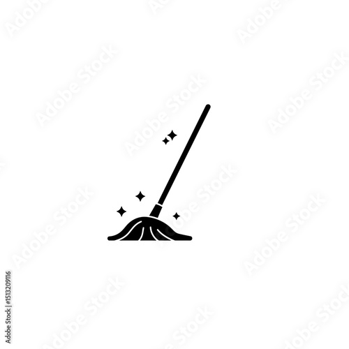 Cleaning mop with sparkles in minimalist black icon vector. Washing floor and household chores concept. Cleaning services concept