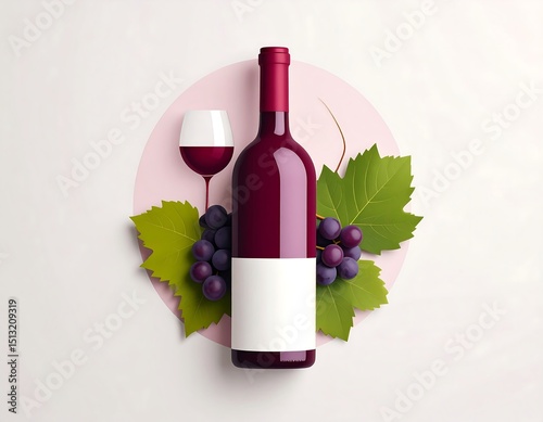 Red wine bottle with glass and grapes