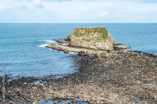 View over the Cleet of Brough rocks, Brough Bay, Brough village, Caithness, Scotland, United Kingdom. Seal rookery in the foreground.