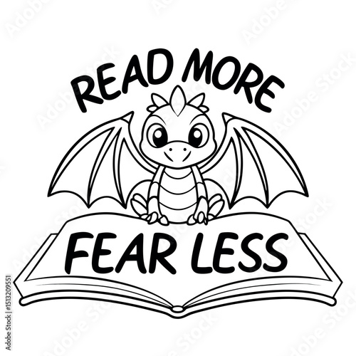 Cartoon dragon with wings sits atop an open book with the words, read more