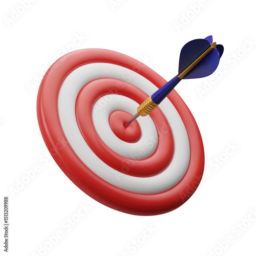 
A 3D illustration of a red and white bullseye target with a blue and yellow dart precisely hitting the center isolated on a white background 
