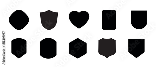 Shield icon. Heraldic shield set. Black knight award contours and linear signs. Protect shapes silhouette. Vector illustration
