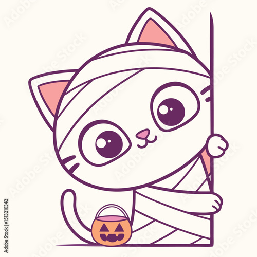Cartoon kitty cat as a mummy peers around the corner holding an orange pumpkin container