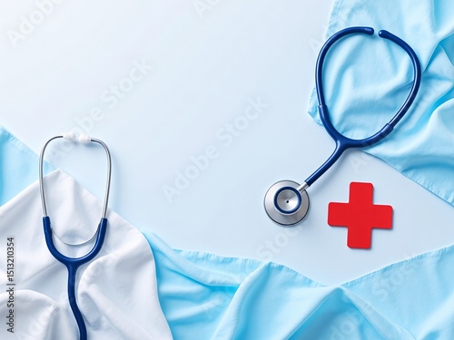 Stethoscope and red cross medical supplies.