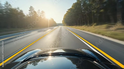 Driving fast on a scenic highway road trip through lush autumn trees at sunset