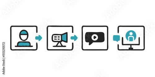 Speaker, Mic and Video Camera related icons. Simple illustration of a video conferencing process.Basic icons for Video Conference, Webinar and Video chat.