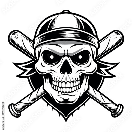 Skull Wearing Cap with Crossed Baseball Bats, Emblem Illustration, Isolated Black&White