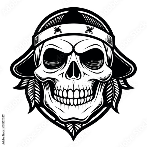 Skull with bandanna and feather accessories. Bold line art on a clean white background