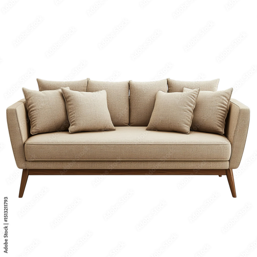 Fototapeta premium A wooden sofa with gray cushions, front view, isolated on a transparent background PNG