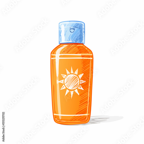 Sunscreen's Essence: A detailed sketch of an orange bottle of sunscreen, embodying summer's essentials and promoting skincare.