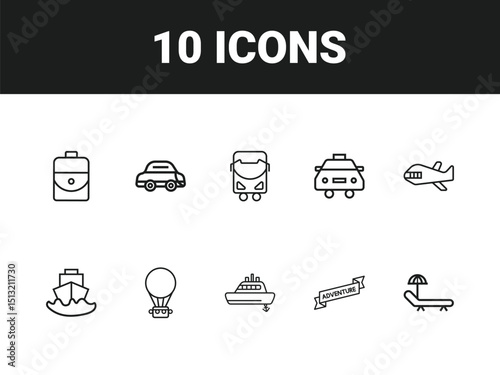 Holiday line icon set. Set of outline icons related to vacations, beaches, career bags, tourist transportation, tourism, travel and others. Vector illustration.