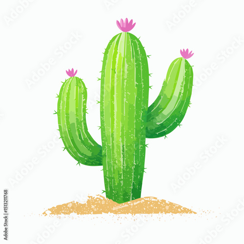Cactus Blossom: A vibrant watercolor illustration features a stately saguaro cactus adorned with delicate pink blossoms, set against a warm desert landscape.