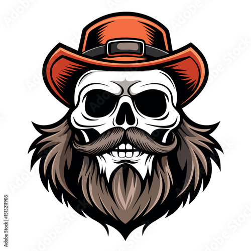 Skull with Orange Cowboy Hat, Moustache and Beard Isolated on White Background