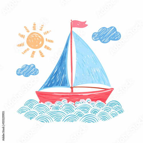 Sailboat in Sunny Day: A charming, hand-drawn sailboat glides serenely across gentle waves beneath a cheerful sun and fluffy clouds, capturing the essence of a perfect day at sea.