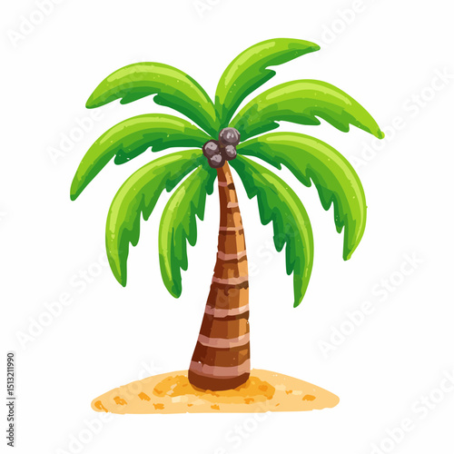 Tropical Palm Tree Illustration: A vibrant illustration of a tropical palm tree, its lush green fronds swaying gently against the backdrop of a serene beach, evoking a sense of paradise.
