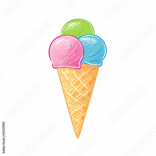 Ice cream joy: A delightful triple scoop of ice cream, each boasting a vibrant hue, resting gracefully in a crisp waffle cone, promising a cool and delicious treat.