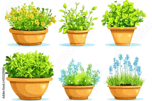 Six potted plants in various colors and textures, displayed in terracotta pots