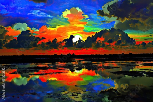 Vibrant sunset reflecting on tranquil water.  Colorful sky with dramatic clouds