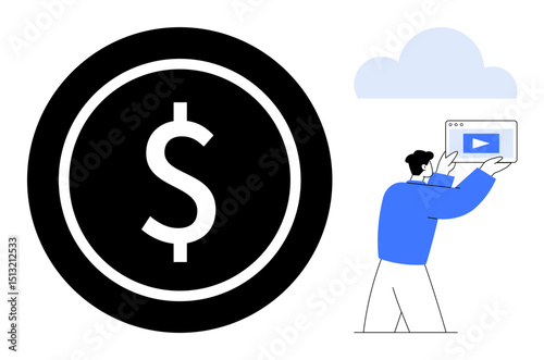 Dollar coin highlighting monetary value, man holding video screen signifying digital media. Ideal for finance, advertising, monetization, video marketing, e-commerce, cloud services, simple landing