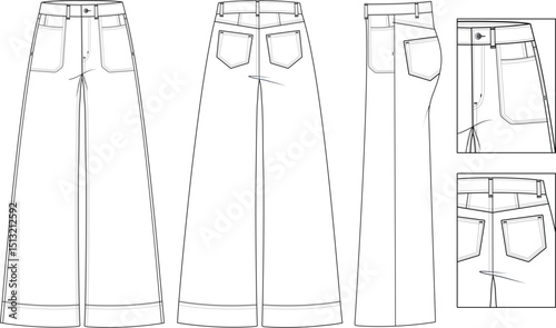 Women's Wide-Leg Denim Pants – Full Technical CAD Flat Sketch Featuring Front and Back Views, Pocket Detailing, Stitch Lines, and Garment Construction Elements for Fashion Design and Mockup Templates