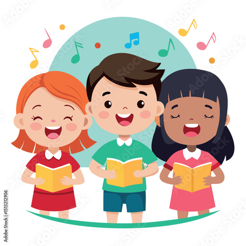 Smiling Diverse Kids Holding Yellow Books with Musical Notes on a White Background
