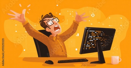 Frustrated coder throws hands up in despair at computer with scrambled code. Desktop PC setup with mug visible. Orange background.