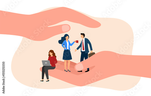Care for your staff concept of landing page with boss hand holding tiny office workers. Employee care, wellbeing, good working conditions and protection at workplace.