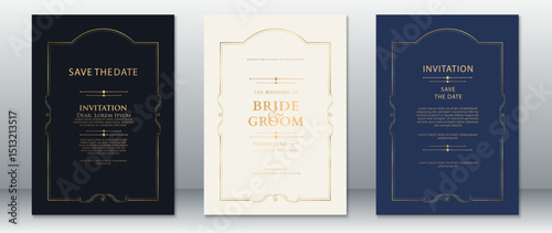 A refined set of vintage-style wedding invitation templates with ornate curved gold borders on black, navy, and cream backgrounds. Ideal for formal events, luxury stationery, and save the date cards.