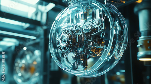 High-resolution close-up of a futuristic hanging clock with a transparent casing and floating mechanical components 