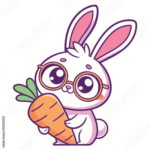 Charming bunny with glasses lovingly cradles a large carrot, radiating cuteness on transparent background