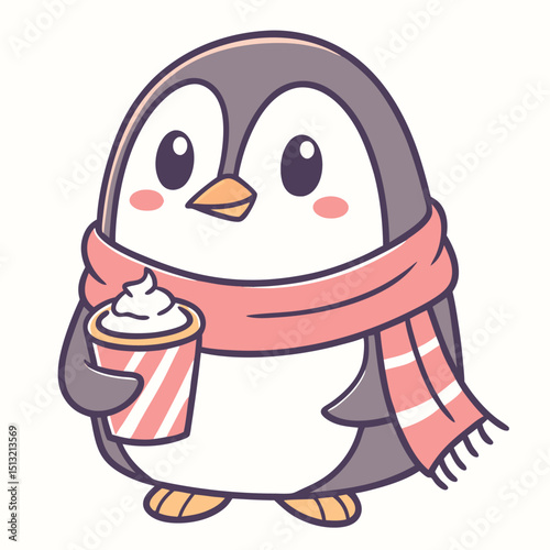 Charming cartoon penguin wearing a scarf holds a striped coffee cup happily on transparent background