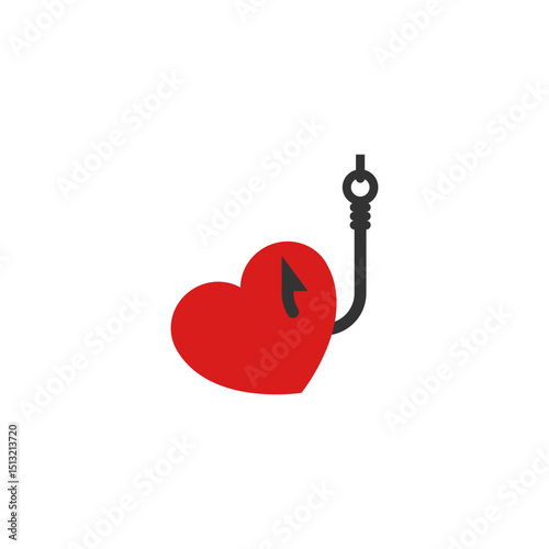 The heart is hanging on a hook. Fishing hook with heart shaped bait. Vector clipart and drawing. Isolated illustration on white background.