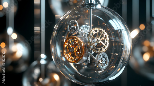 High-resolution close-up of a futuristic hanging clock with a transparent casing and floating mechanical components 