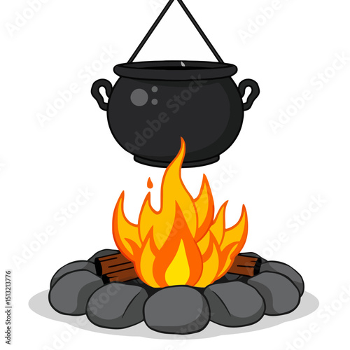 Black cauldron hanging over campfire