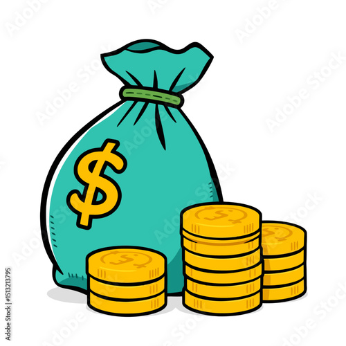 Cartoon money bag and stacks of gold coins
