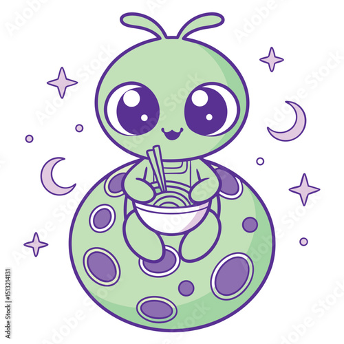 Cute alien sits on a purple moon and eats noodles with big, bright eyes