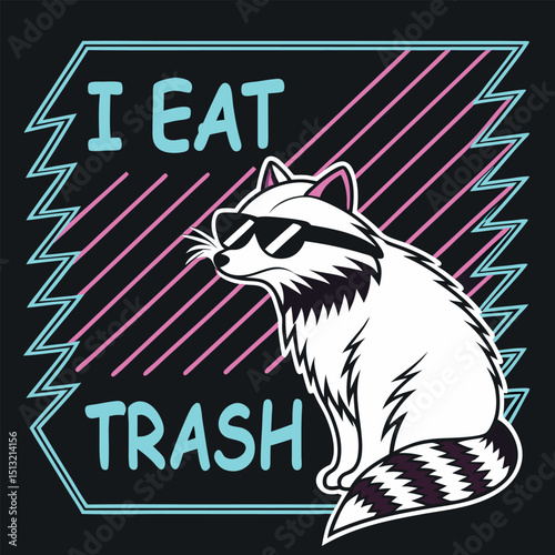 Cool raccoon wearing sunglasses claims he eats trash within geometric neon frame