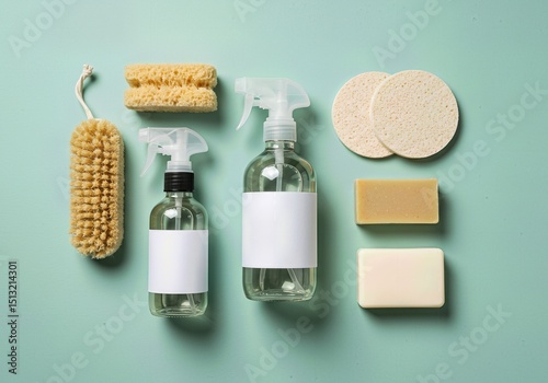  Eco Friendly Cleaning Supplies Set with Natural Brushes and Handmade Soap Bars on Pastel Background photo