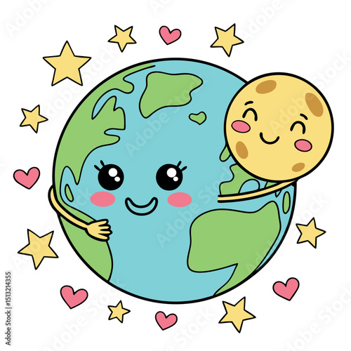Cute cartoon Earth hugs happy Moon surrounded by hearts and stars over white