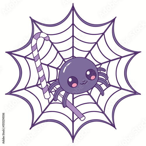 Cute cartoon spider holds a candy cane in its web; background is transparent