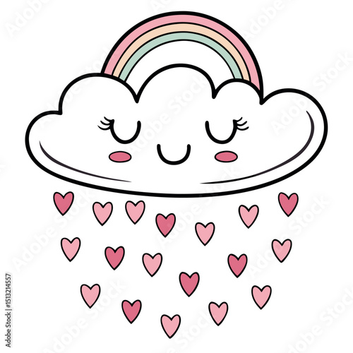 Cute cloud with rainbow displays falling hearts and serene expression, transparent backdrop adds to charm