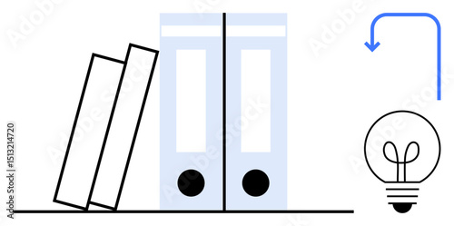 Books leaning against two binders with a lightbulb representing creativity. Ideal for knowledge, productivity, brainstorming, organization, education, innovation, planning. Flat simple metaphor
