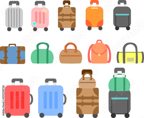 キャリーバッグ、旅行かばんのイラストセット