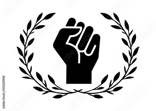 Símbolo de victoria, fuerza, poder y solidaridad. Silueta de puño cerrado levantado con corona de laurel	