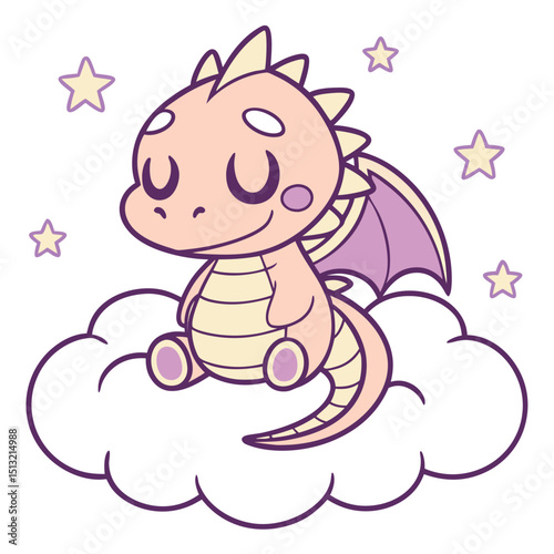 Gentle cartoon dragon sits peacefully upon a fluffy cloud surrounded by soft shining stars, transparent background