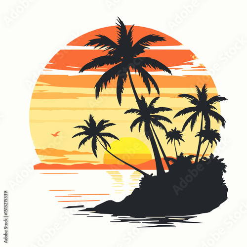 Vector illustration of a tropical sunset scene with palm trees on an island shore and reflecting sunset colors