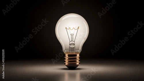 Single vintage-style light bulb with visible filament against a dark black background photo