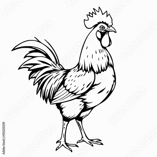 Detailed black and white illustration of a majestic rooster standing proudly on a clean white background representing the farm animal