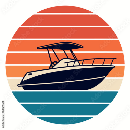 Illustration presents a fishing boat at sunset with a striped retro circle